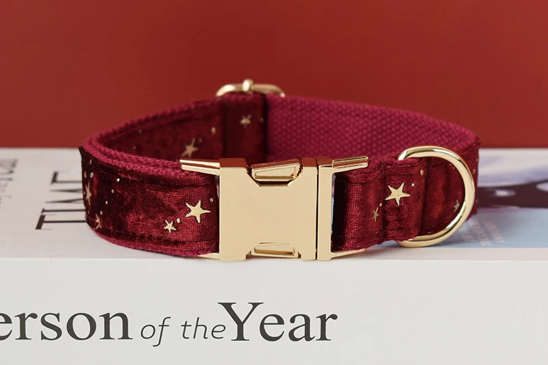Collier chien velours bordeaux personnalisé étoiles