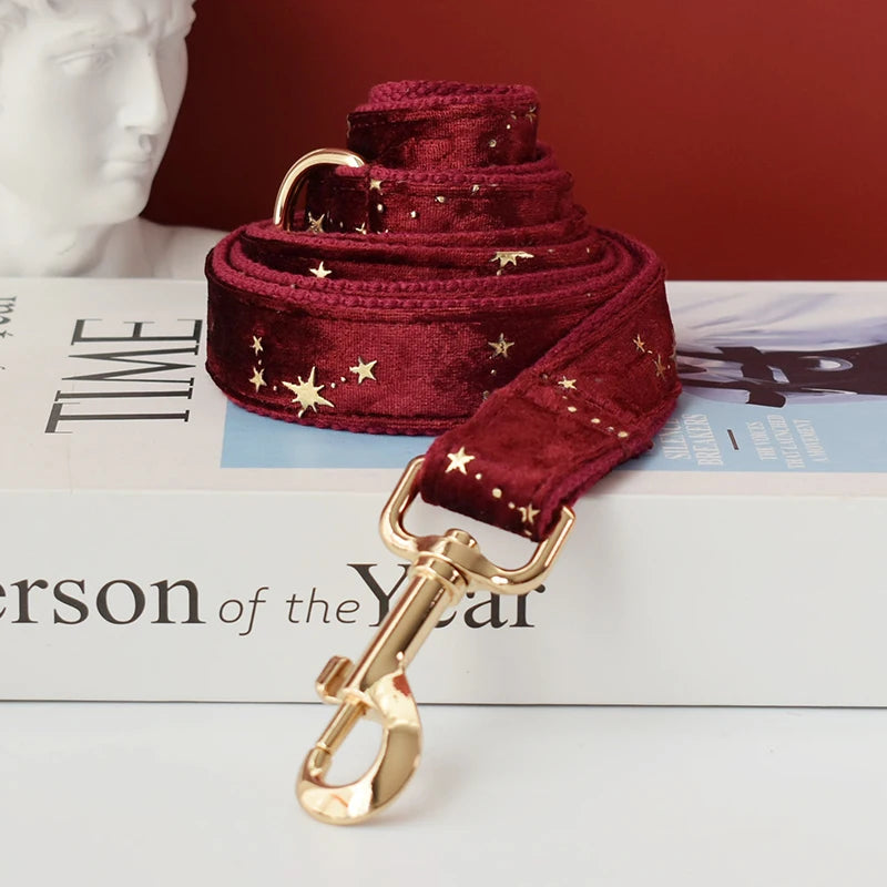 Collier chien velours bordeaux personnalisé étoiles