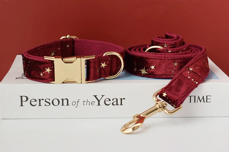 Collier chien velours bordeaux personnalisé étoiles