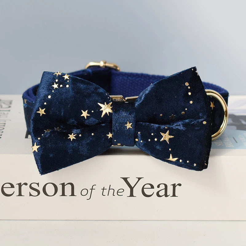 Collier chien velours bleu étoiles personnalisé