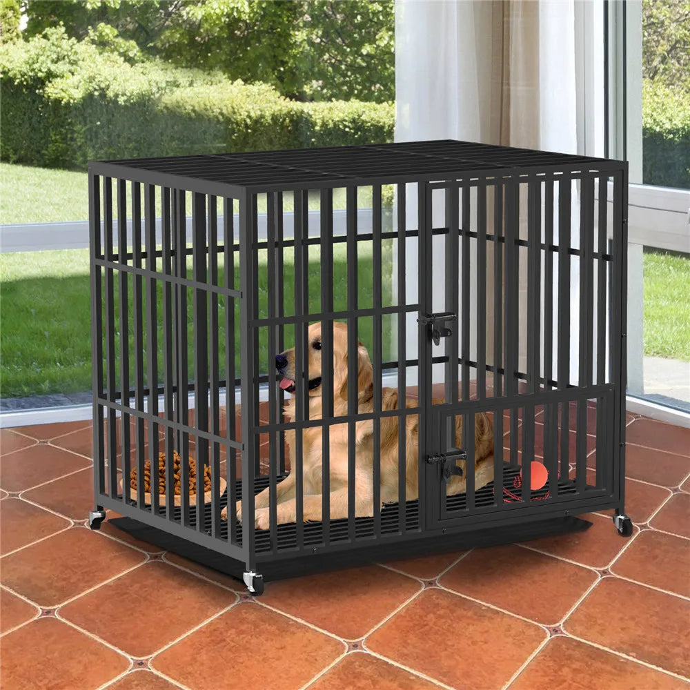 Cage chien métal robuste 3 portes roulettes bac amovible