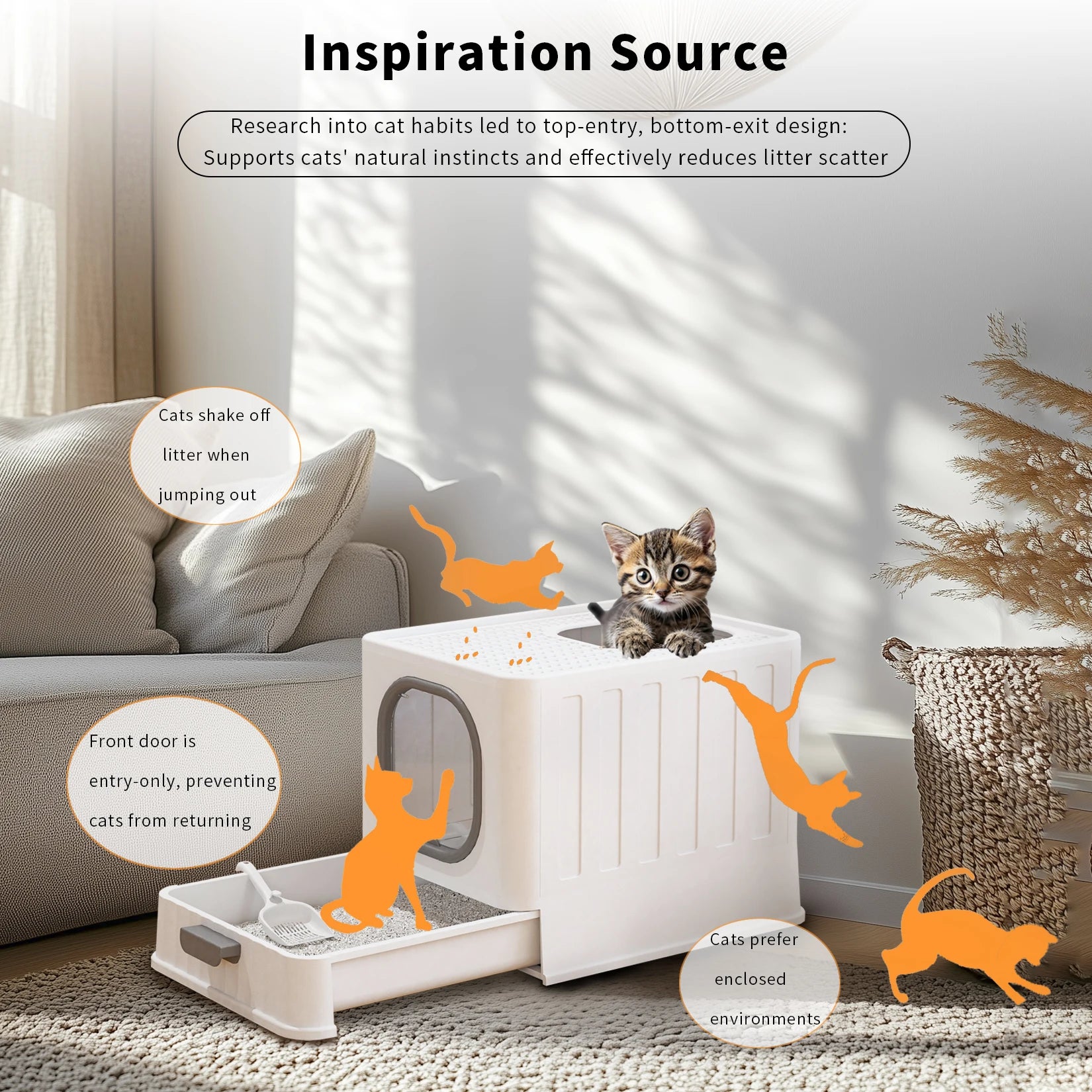 Bac litière chat XL entrée haut fermée anti-éclaboussures