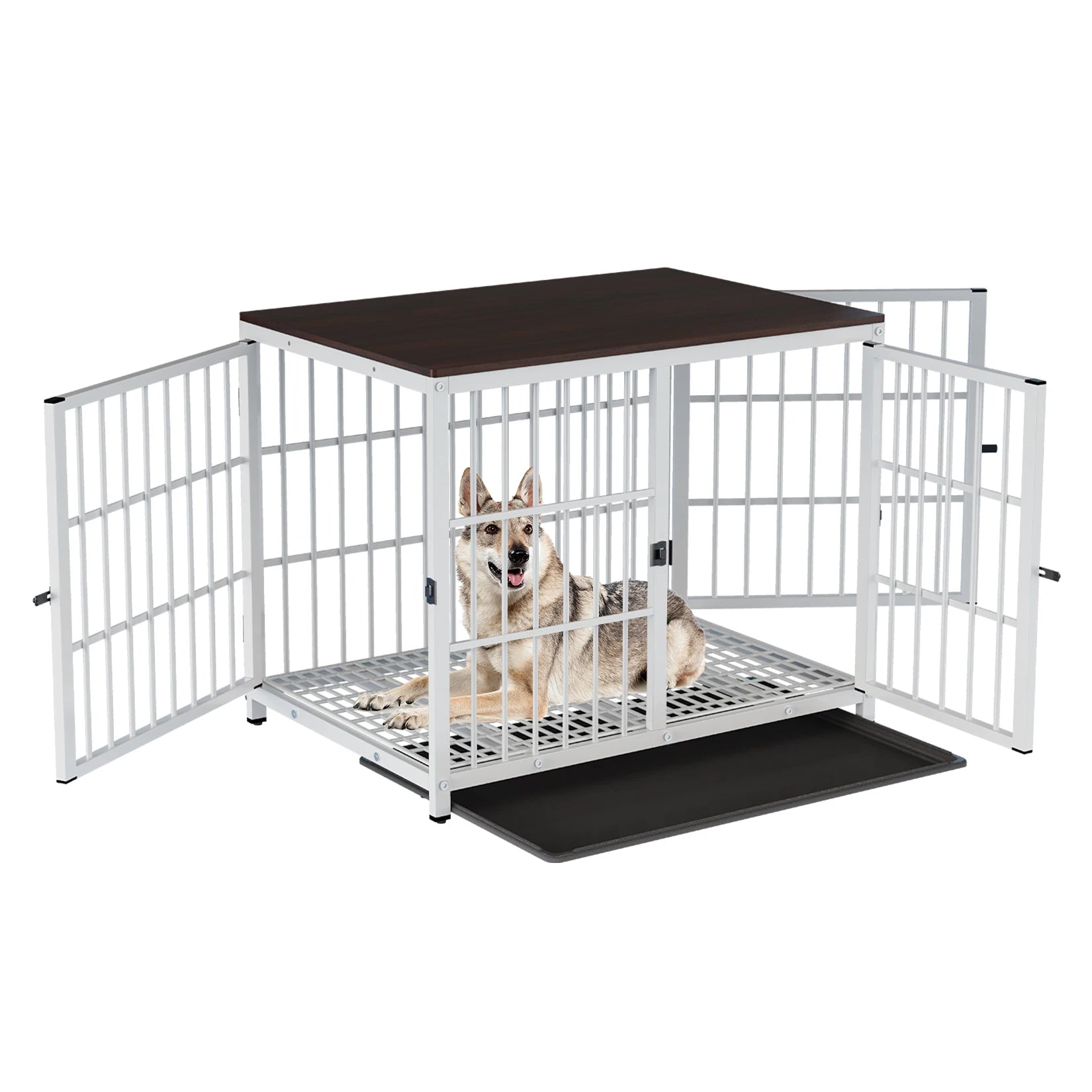 Cage chien meuble métal bois 3 portes bac amovible