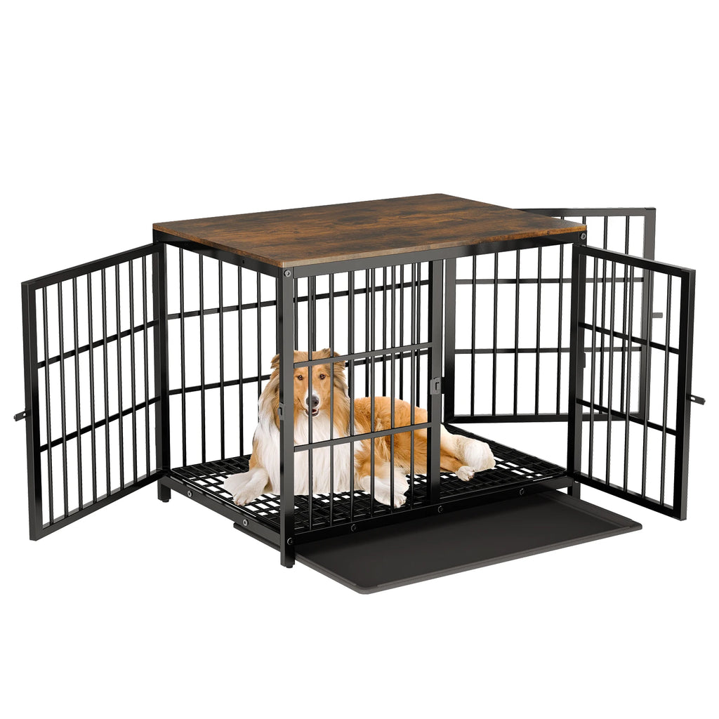 Cage chien meuble métal bois 3 portes bac amovible