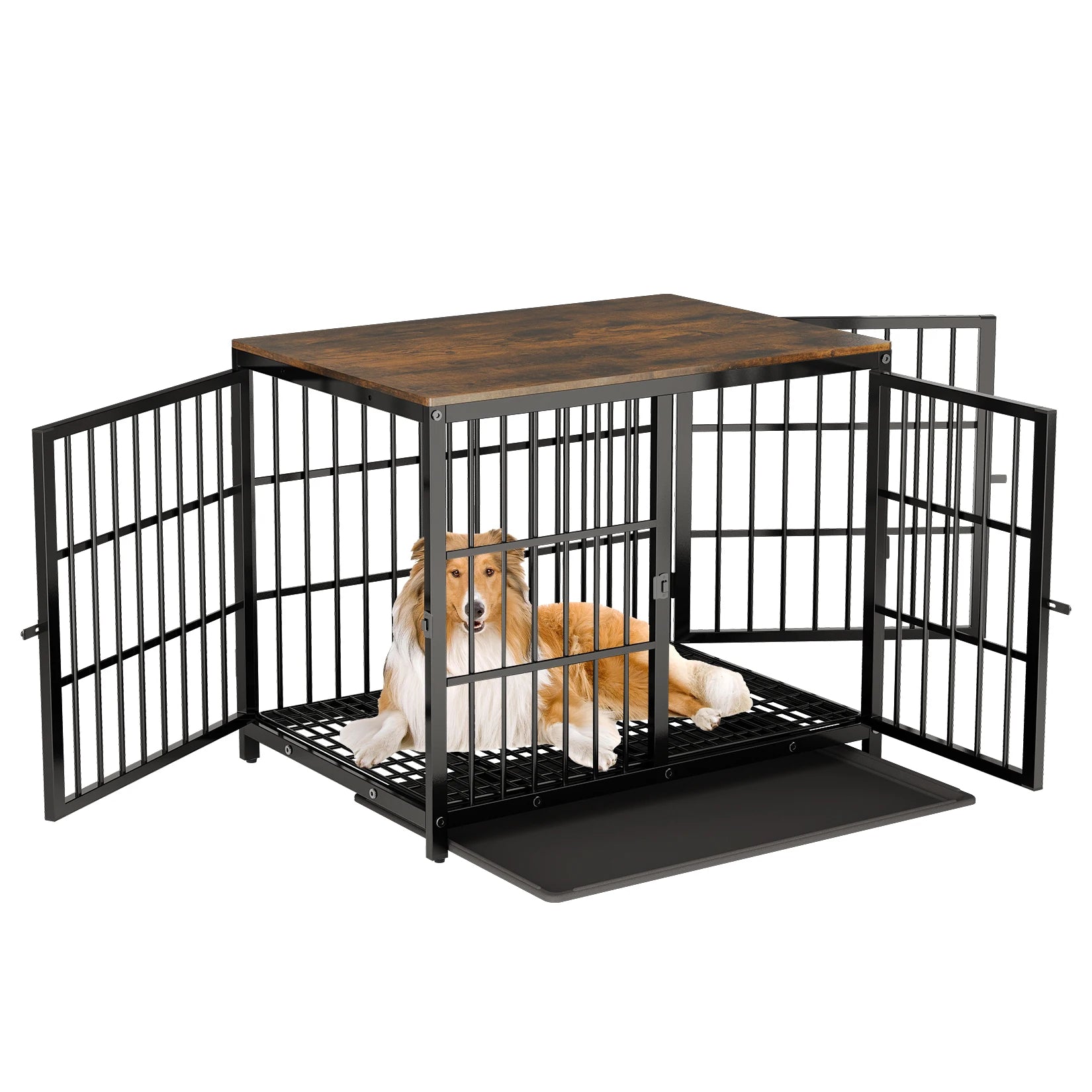 Cage chien meuble métal bois 3 portes bac amovible