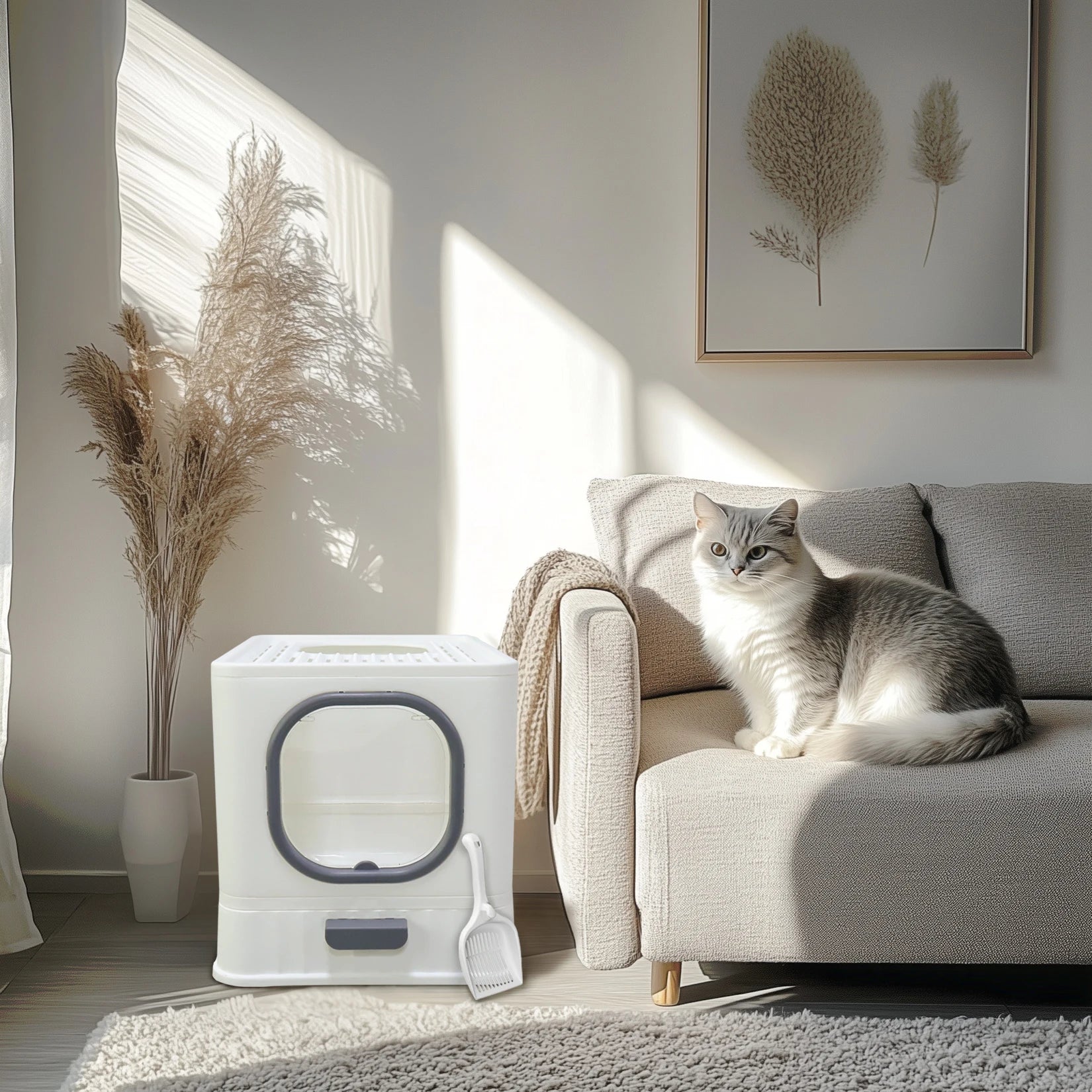 Bac litière chat XL entrée haut fermée anti-éclaboussures