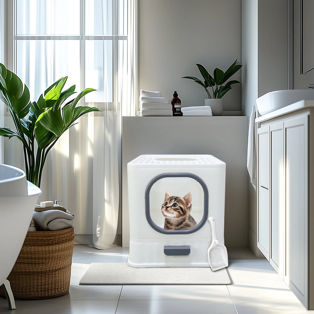 Bac litière chat XL entrée haut fermée anti-éclaboussures