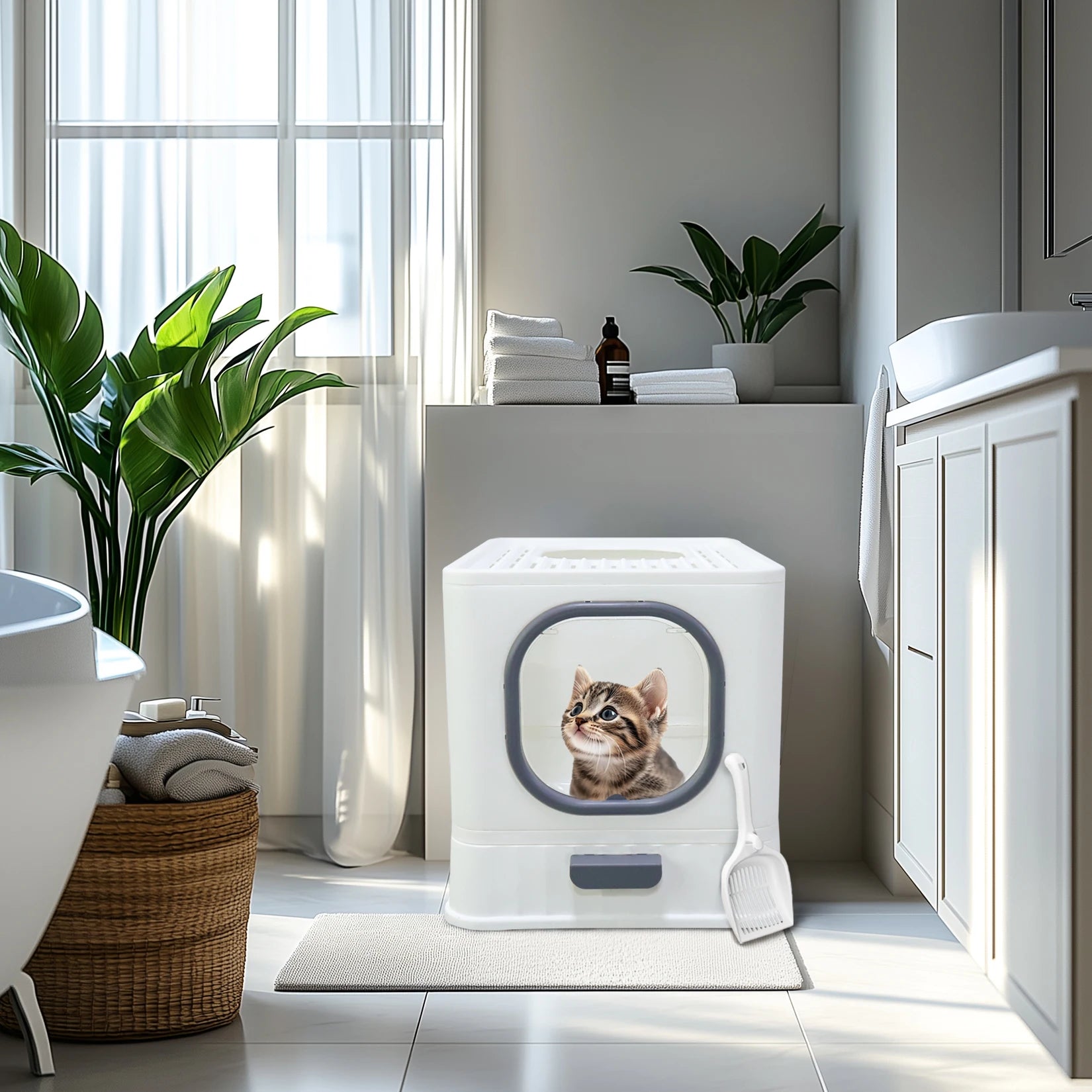 Bac litière chat XL entrée haut fermée anti-éclaboussures