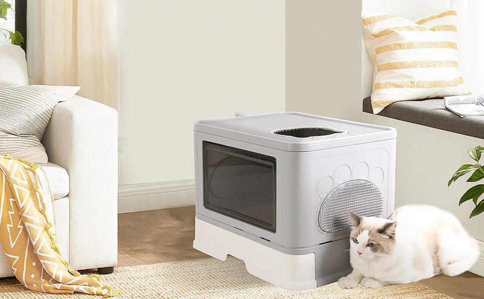 Bac litière chat XL tiroir entrée haut anti-éclaboussures