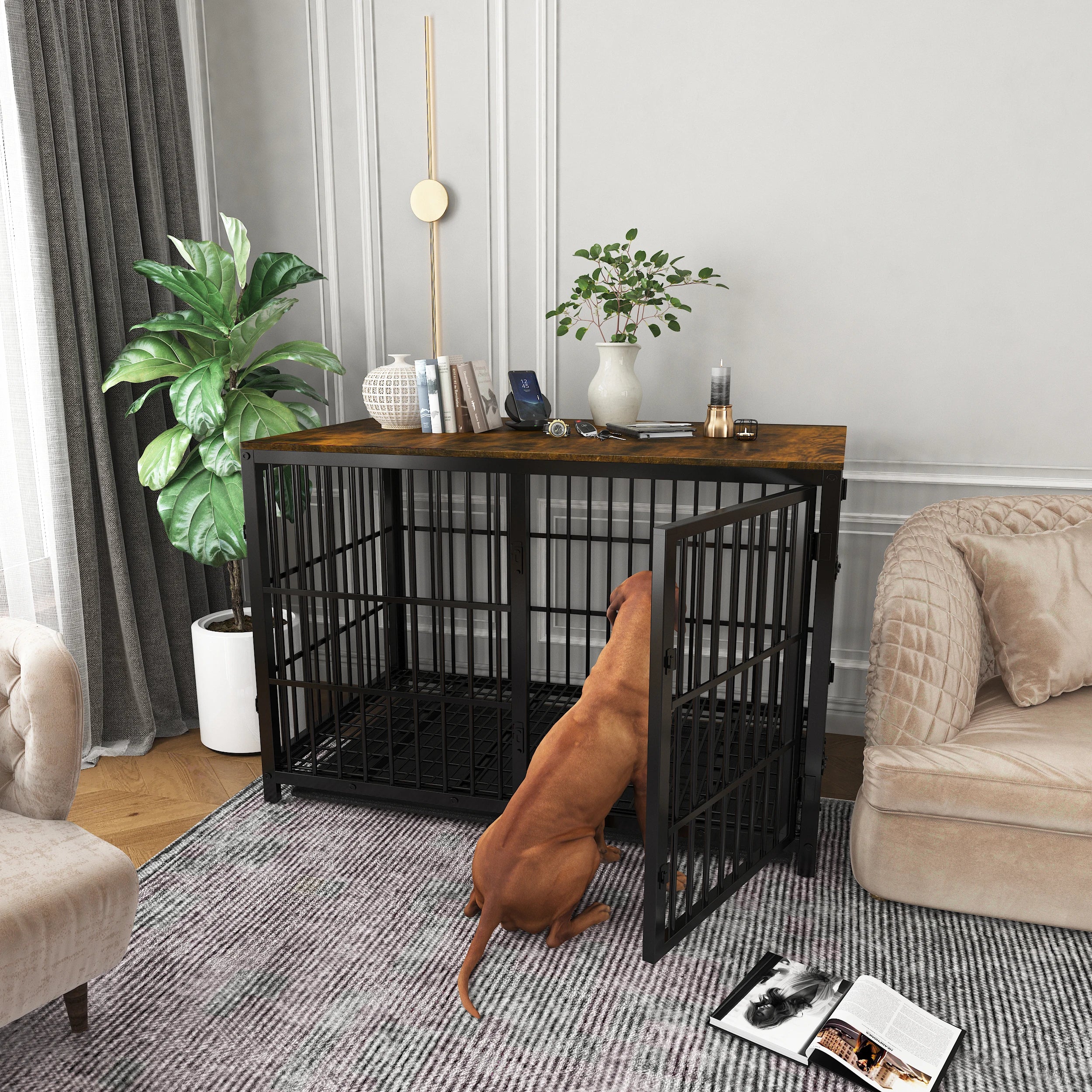 Cage chien meuble bois XL table d’appoint 3 portes