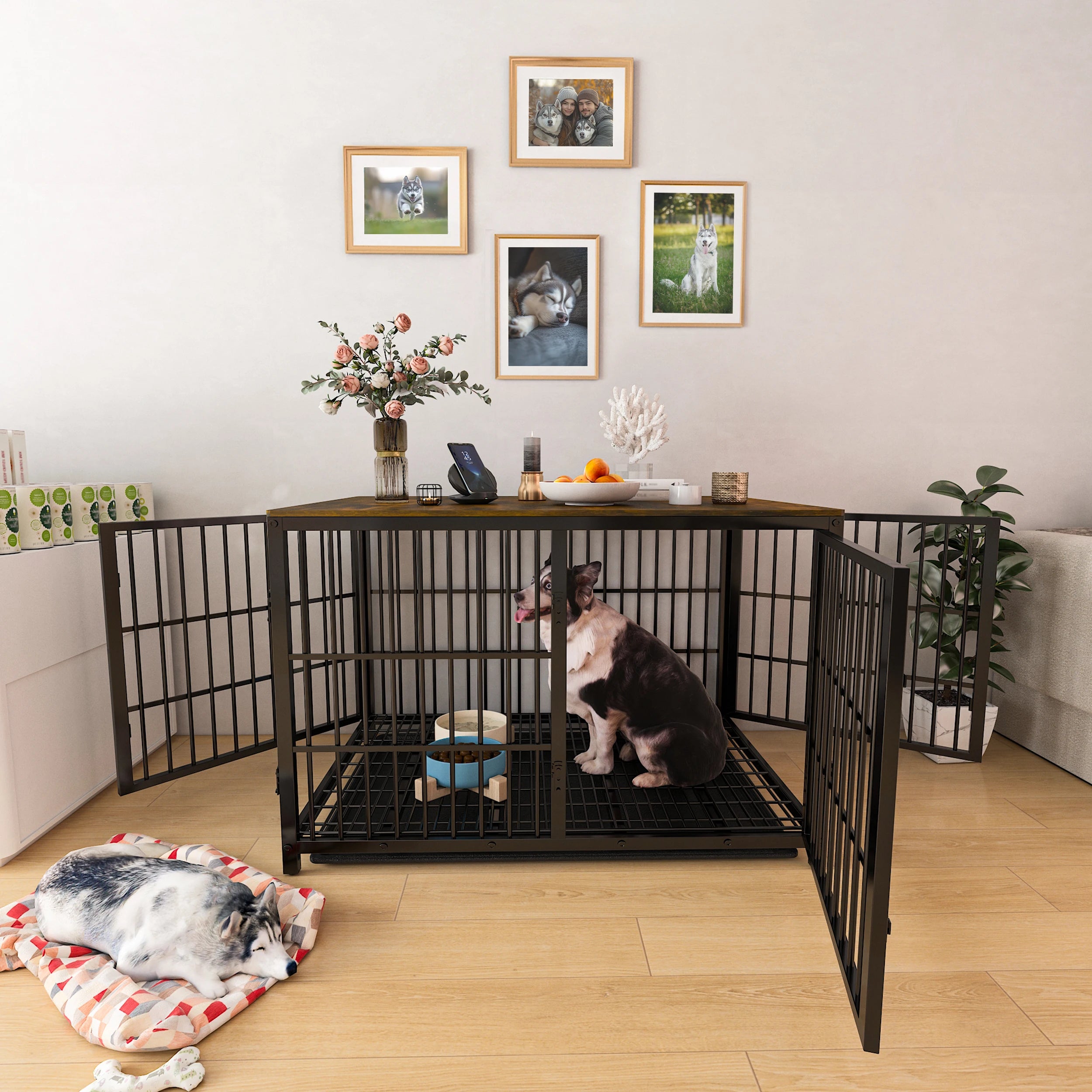 Cage chien meuble bois XL table d’appoint 3 portes